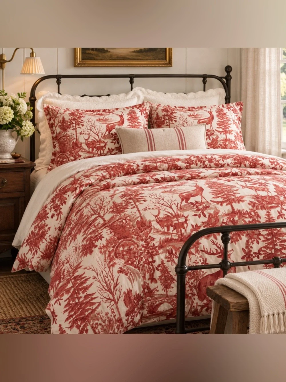 Pottery Barn Woodland Toile Full Queen Duvet Cover + 2 Shams Red Ivory Deer